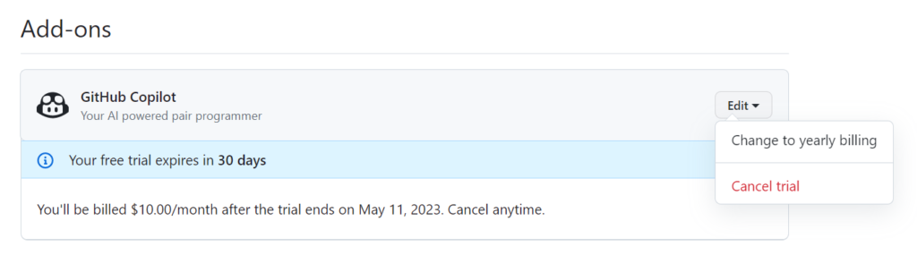 GitHub Copilot Cancel trial