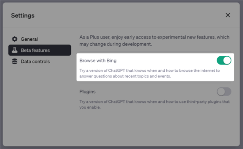 ChatGPT Settings Browse with Bing